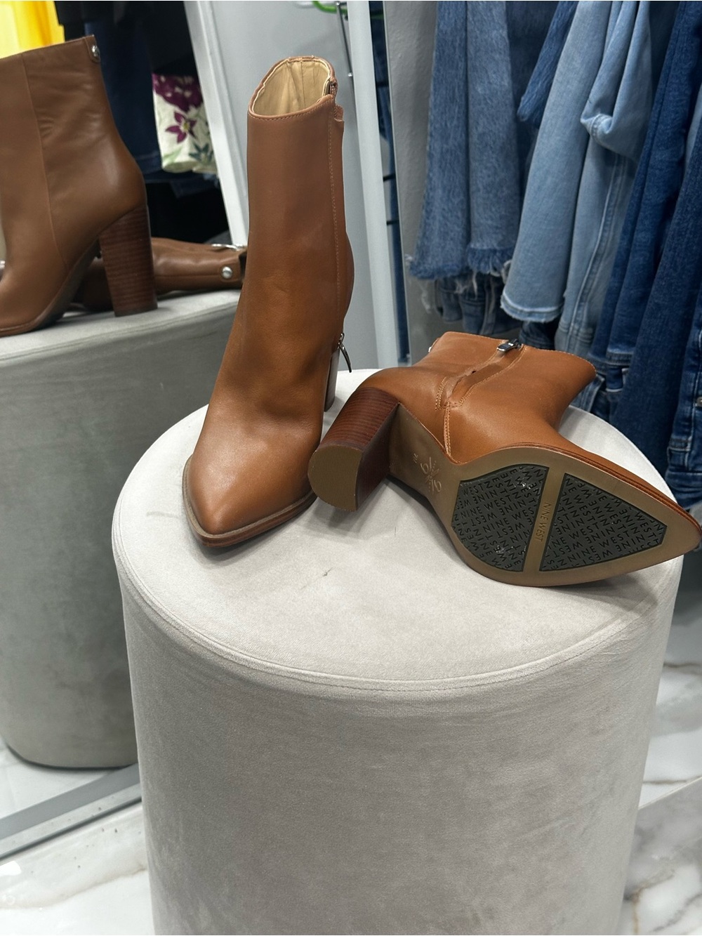 Nine West Tan Leather Pointed-Toe Ankle Booties